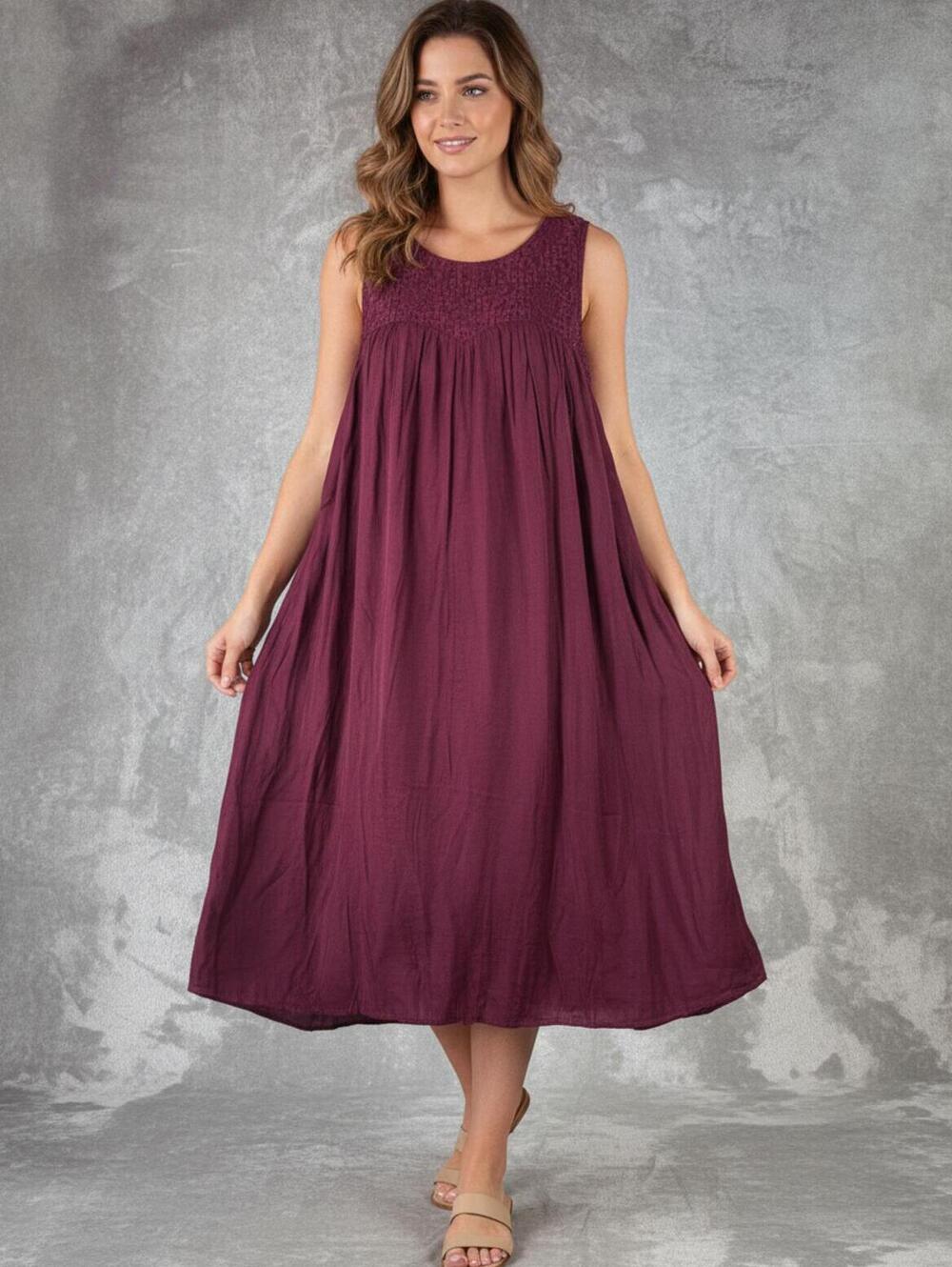 Kori Burgundy Sleeveless Lace‎ Yoke Midi Dress Size M